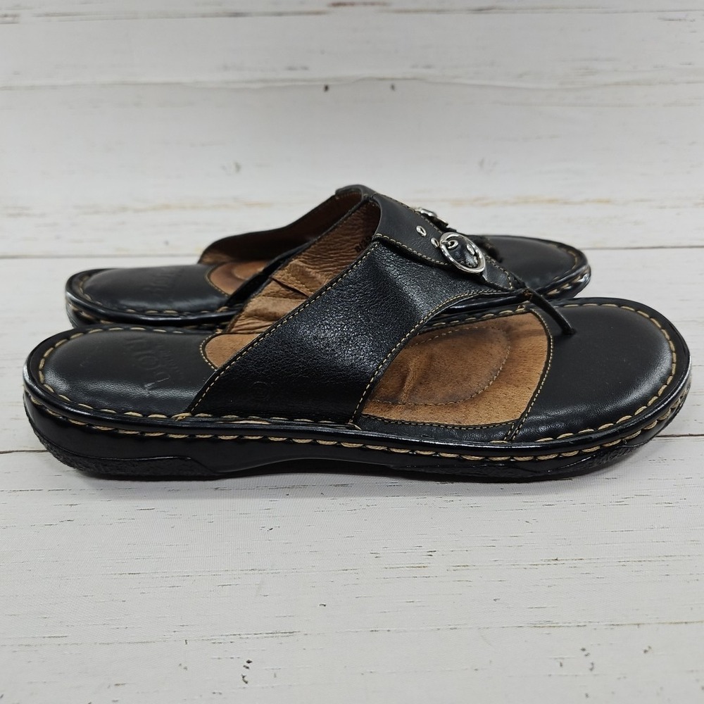 Born Women 8 Black Leather Thongs Flip Flops Slides Sandals Comfort Shoes W31465 - Picture 4 of 8